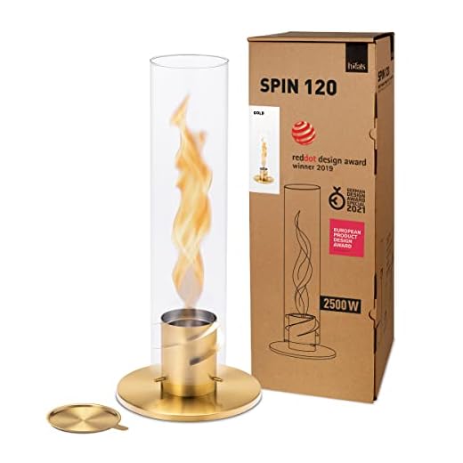 höfats - Spin 120 Gold inklusive Edelstahl Nachfülldose - Bioethanolkamin für Indoor und Outdoor - Tischfeuer, Windlicht und Gartenfackel aus Edelstahl