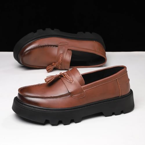 Image of Men's Black Soft Patent Leather Platform Chunky Heel Loafers Fashion Tassel Business Casual Formal Work Shoes Non-Slip Lug Sole Slip-On Penny Loafers