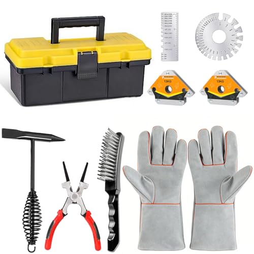 Image of 9Pcs Welding Accessories Tools Kit for Beginners,10.5"Welding Chipping Hammer,9.5"Wire Brush,13.5"Leather Welding Gloves,8"MIG Welding Pliers,25LB Welding Magnet,Wire Metal Sheet Thickness Gauges
