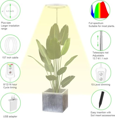 Yadoker LED Growing Light, Full Spectrum for Indoor Plants, Paired with a Soil Tester,Height Adjustable, Automatic Timer, Low Safe Voltage, Ideal for Large Plants
