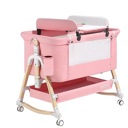 Image of HARPPA Baby Bassinet Bedside Sleeper (Diaper Changing Station + Mosquito Net Included), Adjustable Bedside Crib with Storage, Converts to Cradle and Cosleeper, Portable, Easy Folding. Pink