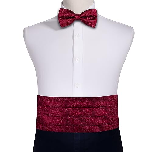 Image of Barry.Wang Men Silk Paisley Cummerbund and Pre-tied Bowtie Handkerchief Cufflink Set for Tuxedo