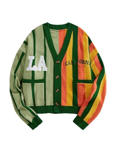 BEAUDRM Men's Striped Cardigan Letter Graphic Button Down Preppy Sweaters V Neck Color Block Loose Knit Tops with Pockets Multicolor X-Large