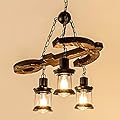Farmhouse Chandelier 3 Lights Rustic Pendant Lighting Industrial Wood Metal Vintage Height Adjustable Ceiling Light Fixture Glass Lampshade for Pool Table Kitchen Island Bar, 21.5 inch