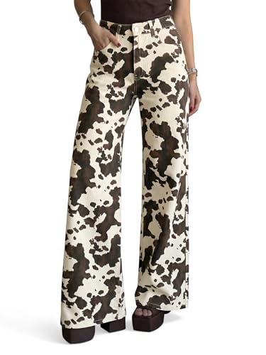 Cicy Bell Womens Wide Leg Jeans High Waisted Cow Print Baggy Stretchy Denim Pants with Pockets