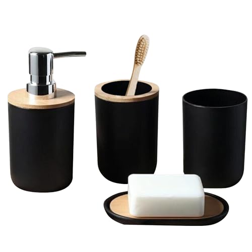 La mejor comparación de Jaboneras para baño favoritos de las personas. 41 FSY FASILYT Set 4 Accesorios de Baño | Juego Organizador Bambú Elegante | Kit Práctico | Dispensador de Jabón | Jabonera | Vaso Multiusos | Porta Cepillos Dentales| (Negro)