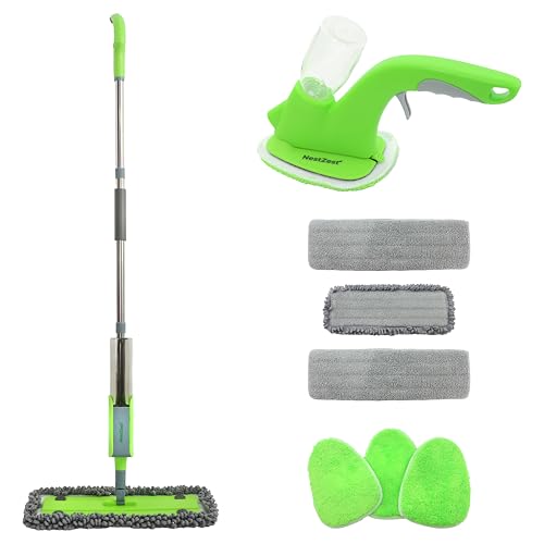 Mopa con spray y práctica fregona – Mopas ligeras para limpieza de suelos con 6 almohadillas de microfibra, botellas recargables, ideal para suelos de madera dura, azulejos y laminados