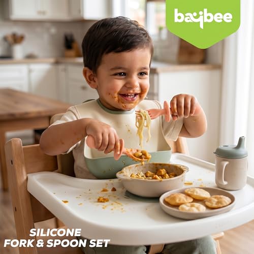 Image of Baybee 100% Silicone Baby Feeding Spoons Set of 2 | Bpa Free- Food Grade Soft Silicone Tip Spoon & Fork Self Feeding Utensil | Baby & Toddlers Gum Friendly Weaning Supplies for Kids 1 Months+ (Pink)