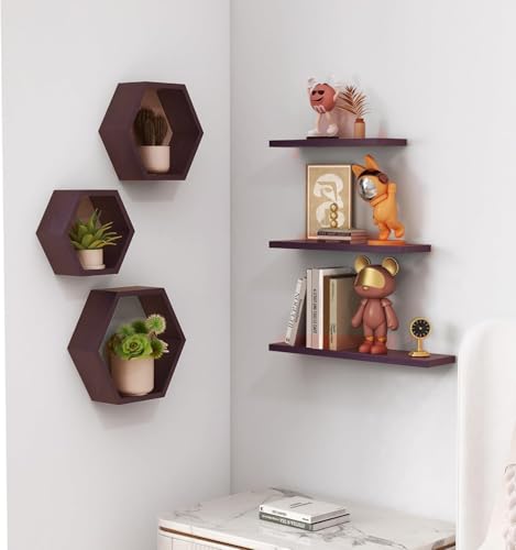 Image of Engineered Wood Woden Hexagonal Shape Wall Hanging Rack Floating Shelves for Display for Photos,Plants Living Room, Bedroom,Bathroom, Kitchen, Office (Brown)