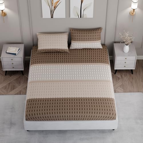 Image of BLISSHOME SoftTouch 150TC Cotton King Size Fitted Bedsheet with 2 Pillow Covers, Silky Smooth Bedding Set, Breathable, Easy Maintain, Geometric Pattern - Brown (183cm x 198cm + 25cm Drop)