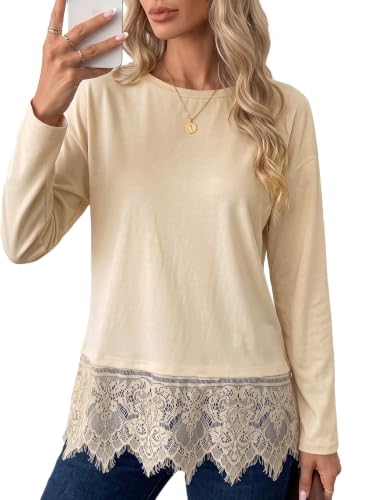 Sidefeel Womens Tops Long Sleeve Lace Trim Crewneck T Shirts, Apricot, L