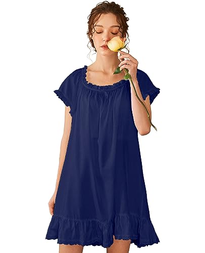 Image of Nanxson Women's Cotton Nightgown Short Sleeve Sleepwear Vintage Nightshirt | Summer Victorian Sleepdress,White Sleepshirt,U Neck Lace Loungewear,Soft Nightshirt,Loose Loungedress,Bride Nightwear