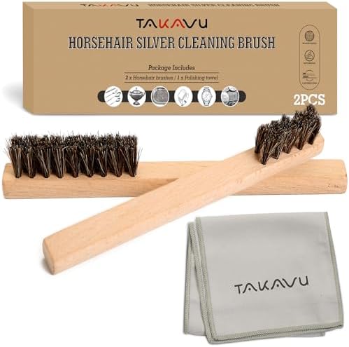 TAKAVU Horsehair Detail Brush Set, 2 Silver Cleaning Brushes and Polish Cloth for Detail Polish Work, Fine and Heirloom Silverware, Plateware, Jewelry