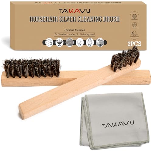 TAKAVU Horsehair Detail Brush Set, 2 Silver Cleaning Brushes and Polish Cloth for Detail Polish Work, Fine and Heirloom Silverware, Plateware, Jewelry