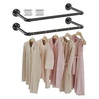 GUOHNHE Industrial Pipe Clothes Bar Rack, 54cm Wall Mounted Storage Rail, Metal Heavy Duty Retro Tidy Rail, Space-Saving Clothing Rack for Bedroom Storage, Black, 2 Pack, SG54B-2