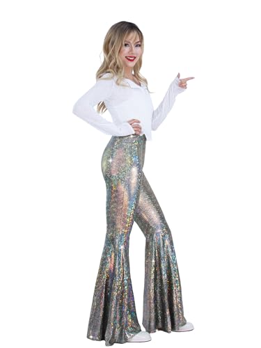 Womens Sequin Flare Pant Sparkly High Waisted Leg Bell Bottom Glitter Trousers Night Out Clubwear4
