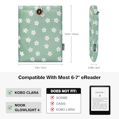 MoKo 6-7 Inch Embroidered Daisy Padded E-Reader Sleeve Zippered Bag with Back Pouch for Most 6/6.8/7 inch E-Reader, 6" Nook Glowligt 4, 6" Kobo Clara BW/Clara Colour, Green Flowers - image 2