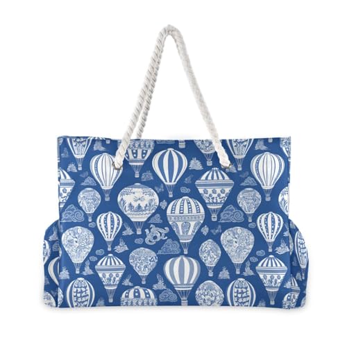 Hot Air Balloon Pop Navy Blue Portable foldable beach bag with zipper womens tote bags Good for Travel Pool Swim Beach Vacation Necessities2