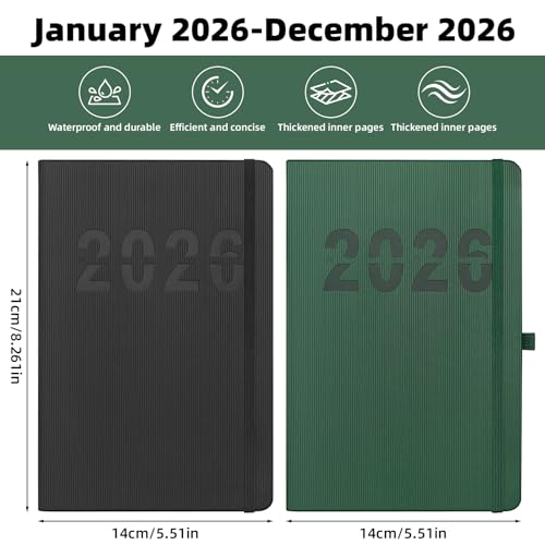 Kalender 2026 Tagesplaner A5 21 x 14,8 cm 12 Monate Akademischer Planer Softcover mit PU-Leder Stiftschlaufe (Grünz)