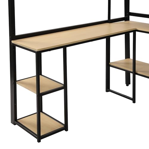Image of Bellemave Full Loft Bed with Storage Stairs Desk and 3-Tier Shelves, Full Size Loft Bed for Kids, Teens, Adults, Black