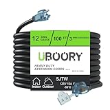 Outdoor Extension Cord Waterproof 100 FT, Black 12/3 SJTW Heavy Duty, Flexible 100% Copper 3 Prong Extension Cord for Lawn, Garage,UL Listed