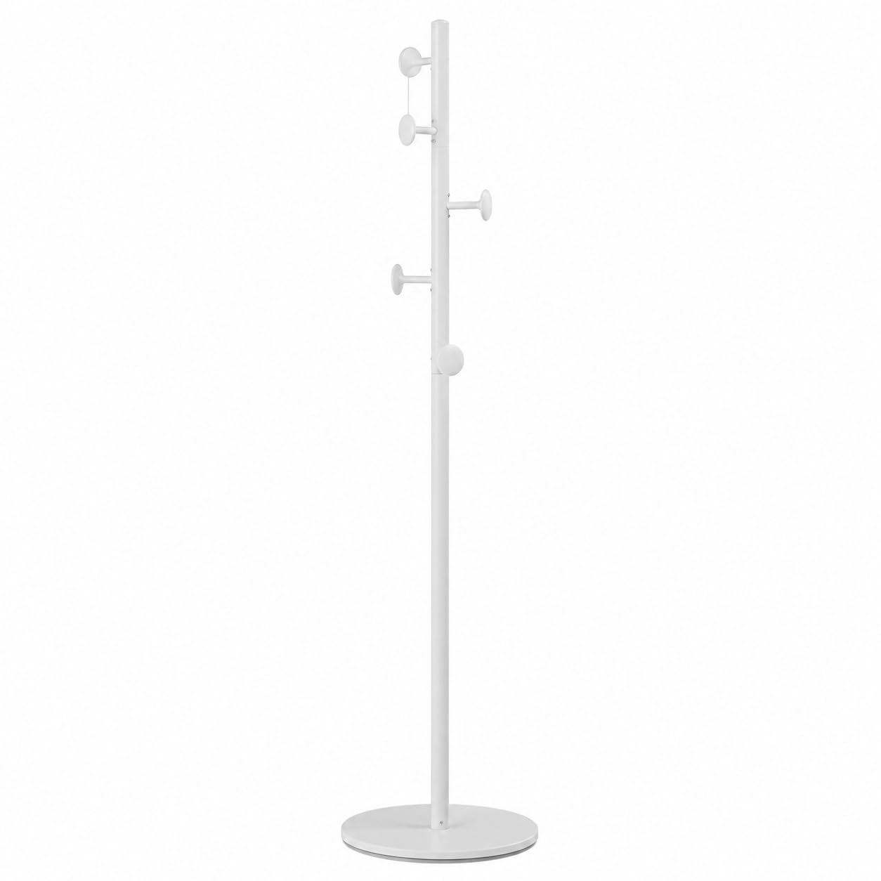 MAKA Appendiabiti da Terra Jerry Bianco in Metallo Alto 173 cm, Attaccapanni Piantana Moderno Minimalista con Base Circolare da 37 cm e Ganci su Più Livelli per Giacche Cappotti Borse, 37x37x173 cm