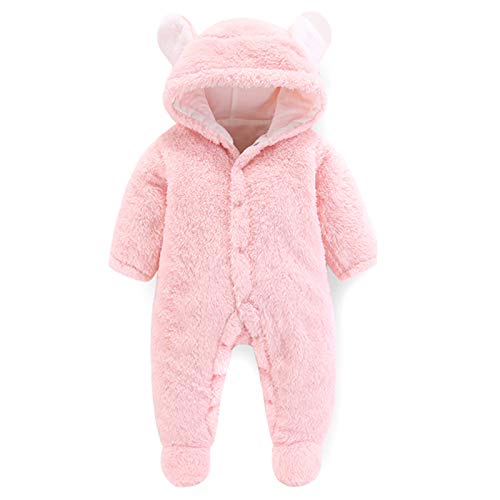 puseky Baby Cute Ear Jumpsuit Newborn Winter Warm Hooded Footed Bodysuit Outerwear Pink