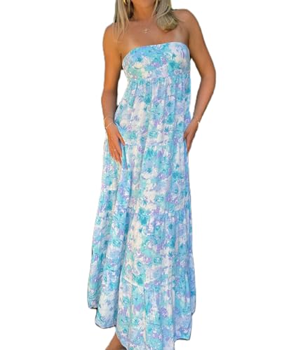 Women Floral Print Maxi Tube Dress Strapless Flowy Long Bandeau Dress Y2K Open Back Sundress Summer Beachwear
