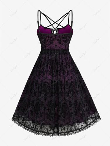 Rose Gal Rosegal Women Plus Size Gothic Lace-Up Strappy Lace Overlay Midi Dress Vintage Backless Spaghetti Strap A Line Goth Dress thumb #1