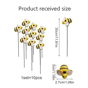 10Pcs Bee Garden Stakes Decor Metal Yard Art Ornaments Front Yard Art Stick Floral Picks Spring Summer Resin Bumble Bees Garden Stakes Outdoor Lawn Pathway Patio Plant Pot Flower Bed Yellow