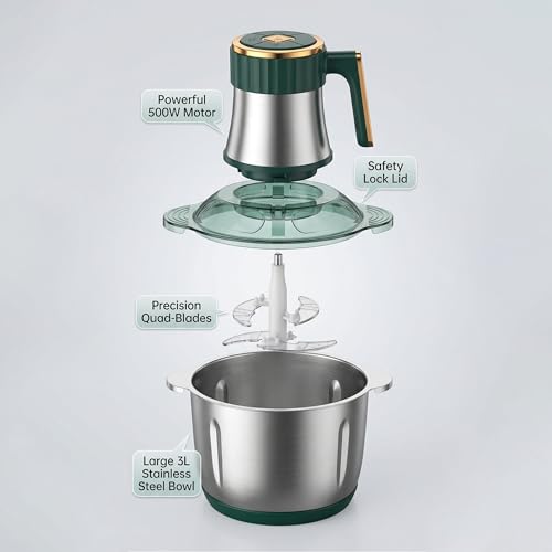 Image of 3L Electric Food Chopper & Meat Grinder - 500W Stainless Steel Food Processor with Quad-Blade System - SS304 Mixing Bowl for Meat, Veggies & Purees - Green /Rose Gold