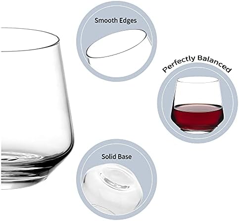 Amisglass Stemless Wine Glasses Set of 6, Classy Red White Wine Glass Made from 100% Lead-Free Premium Crystal Glass, Sleek Modern Drinking Tumbler for Cabernet, Pinot Noir, Burgundy, Bordeaux - 390ml