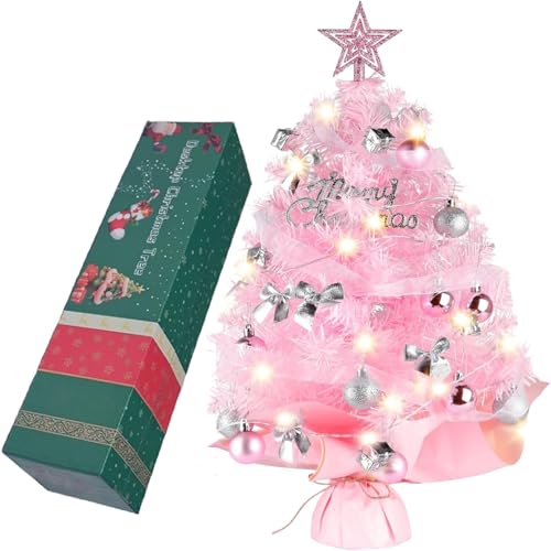 WINOK Mini Christmas Trees, 60cm Tabletop Christmas Tree with Lights, 2FT Artificial Tabletop Christmas Tree with Rich Ornaments for Xmas, Home, Kitchen, Dining Table Decorations (Pink)