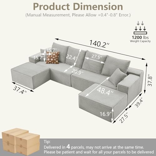 Image of 140 inch Sectional Cloud Couch for Living Room, Stupendous U Shaped Sofas, Modular Floor Deep-Seat Sofa, Big Comfy Corduroy Couches Set with Fluffy Memory Foam, No Assembly Required, Grey
