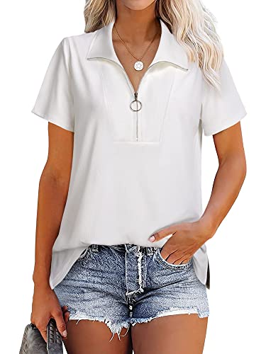 Damen Poloshirt V-Ausschnitt Kurzarm Bluse Reißverschluss Oberteile Tunika Sports Hemd Casual T-Shirt mit Kragen,Weiß,XL