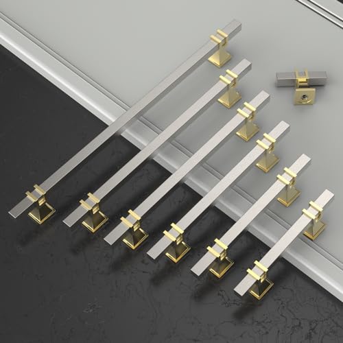 Amerdeco 10 Pack Brushed Satin Nickel and Gold Cabinet Knobs 1.46 Inch(37mm) Single Hole Cabinet Handles Rectangle Dresser Knobs Drawer Knobs and Pulls for Bathroom Cabinets ZH0067 - Thumbnail 2