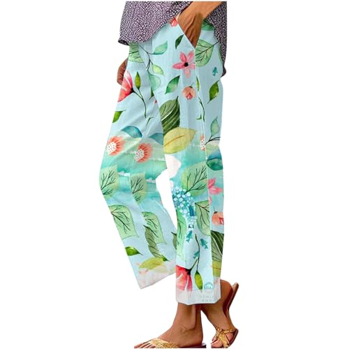Dinglong Camisolas Playa Pantalones Casuales de algodón y Lino con Bolsillos Sueltos y Estampado Retro para Mujer Camisolas Playa (Green, S)