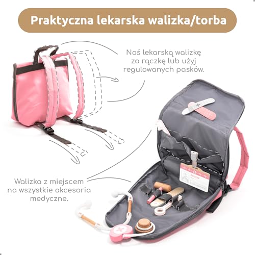 UMU® Walizka lekarska dla dzieci, zestaw do zabawy z drewna z fartuchem lekarskim, stetoskopem, akcesoriami dentystycznymi i innymi, walizka lekarska do odgrywania ról, 20-częściowy zestaw medyczny