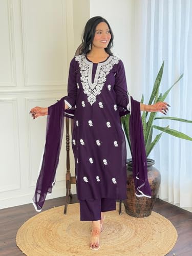 Image of Yashika Chikankari Work with Pure Cotton Fabric Straight Kurta, Pant and Dupatta Set |Kurta Set for Women