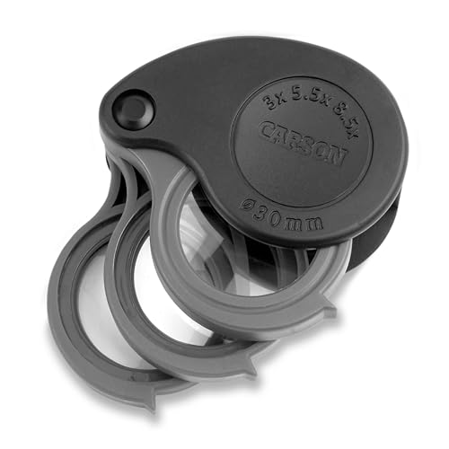 Carson TriView 3X/5.5X/8.5X Folding Loupe Magnifier with Built-in Case (TV-36), Black