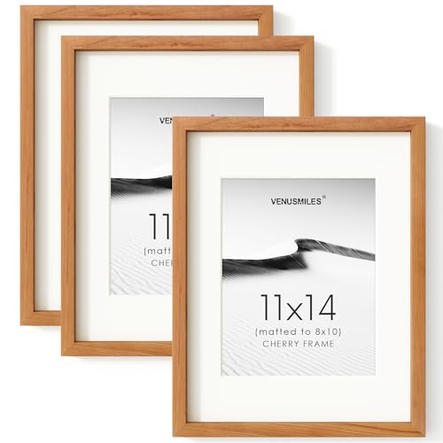 Image of 11x14 Picture Frame Set of 3, USA-Sourced Natural Cherry Wood Photo Collage Frame with HD Tempered Glass, Modern Simple 11 x 14 Wooden Frame Matted to 8x10, Vertical & Horizontal Wall Hanging Display