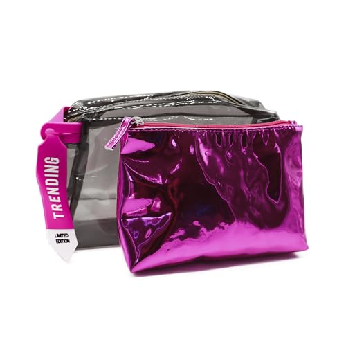 PONETTE - Neceser de Mujer Grande Transparente Impermeable 2 Piezas Negro y Fucsia, Texto Made for Her, Asa Caucho Fucsia Texto Trending Limited Edition, Playa, Piscina, Viaje, Marca Española