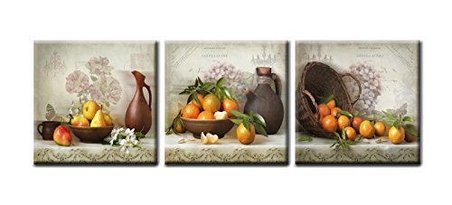 Kitchen Canvas Wall Art Vintage Fruits Flowers Artwork - 12" X 12" X 3 Panels Retro Fruits Canvas Painting Modern Pictures Canvas Print Framed For Dining Room Home Wall Decor #TOP1