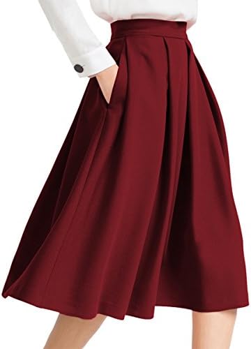 Yige Women's High Waisted A line Skirt Skater Pleated Full Midi Skirt Wind Red US2