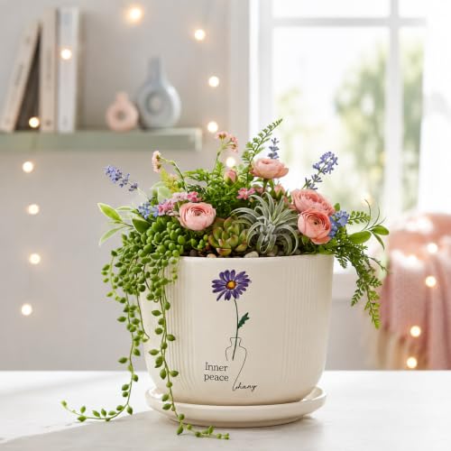 Image of Xtore Serene Floral Ceramic Planter with Saucer for Home & Office Decor | Ribbed Flower Pot with Botanical Artwork for Living Room, Bedroom, Balcony, Desk, Shelf & Window Styling (Off-White)