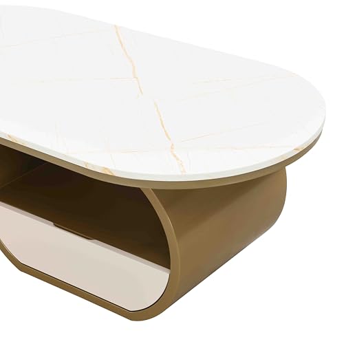 Image of Faux Marble Nesting Coffee Table Set of 2 | Coffee Table Set with End Table,Oval Living Room Table with Gold Metal Base,Marble Grain Top & 1 Drawer,Stack Tea Table Set