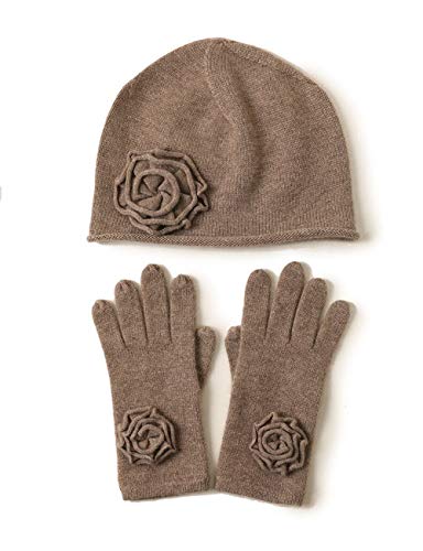 SANSUILOKE Damen 100% reines Kaschmir Beanie Mütze und Handschuh Set 100% Kaschmir Baskenmütze für Frauen Kaschmir Strickhandschuhe Gr. Einheitsgröße, braun Cover