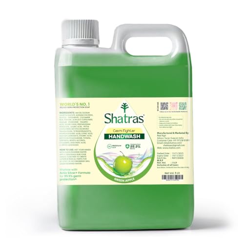 Image of Shatras Germs Fighter Handwash Liquid Refill Can 5 Litres | Green Apple Goodness | pH-Balanced Formula | Antibacterial Germ Protection | Moisturizing Hand Wash for Soft & Supple Hands