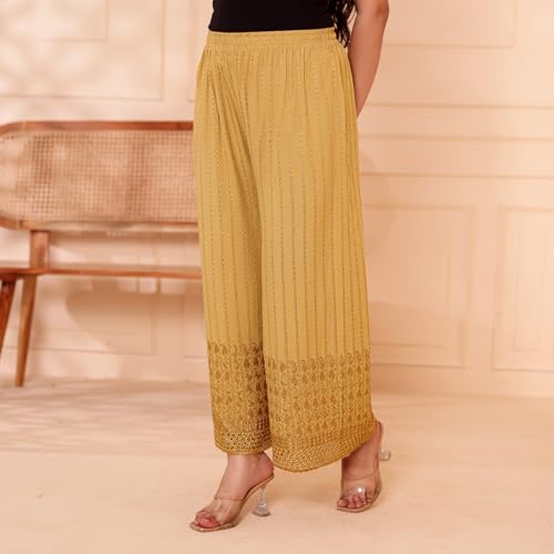 Image of VIVIKA Chikankari Palazzo Pants for Women |Rayon Wide Leg Ethnic Palazo with Embroidery | Comfortable Elastic Waist Women's Palazzo for Casual, Festive & Office Wear
