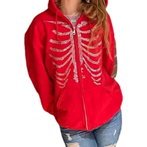 Y2k Moletom Zip Up Estética Gráfica Moletom Com Capuz Moletom Com Capuz Rhinestone Esqueleto Pulôver